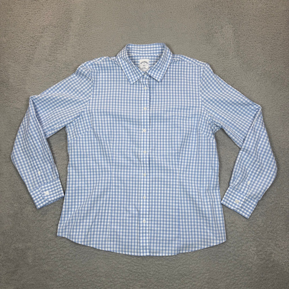 Brooks Brothers 1818 Women 16 Fitted Non-Iron Gingham Button Down Shirt Blue